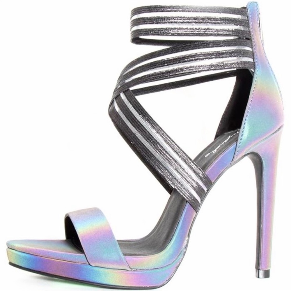 Dark Grey Reflective Vegan Leather Ankle Strap High Heel Sandals